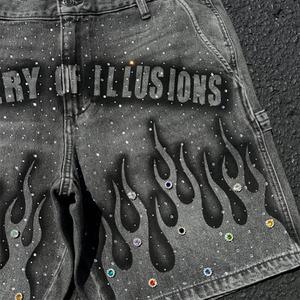 hong kong Custom Logo jean shorts men denim Vintage Cotton Straight Leg jorts baggy Silk Screen Print rhinestone jorts men - Product Image 3