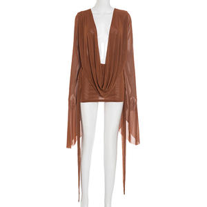 Nuovo Mini <span class=keywords><strong>abito</strong></span> Sexy da donna con scollo a V profondo in maglia tinta unita a <span class=keywords><strong>maniche</strong></span> <span class=keywords><strong>lunghe</strong></span> a sbuffo lungo alla moda - Product Image 3