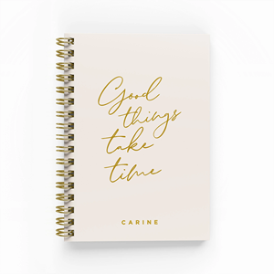 Carnet à spirale en feuille d'or avec citation inspirante - Les bonnes choses prennent du temps - A5 - Personnalisé - 80 feuilles - <span class=keywords><strong>Journal</strong></span> d'écriture - Cadeau d'entreprise - Product Image 1