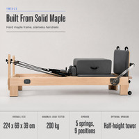 Machine de Pilates Reformer en bois d'érable massif durable avec 5 ressorts allemands réglables, écologique, pour le fitness corporel et l'utilisation en studio