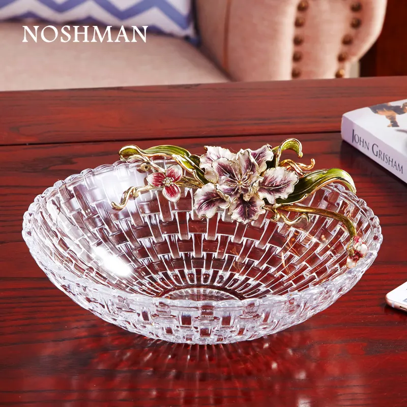NOSHMAN tazon de vidrio Color Painted Enamel Flower Glass Tray Glass Bowl Handcraft Fruit Dessert Glass Plate