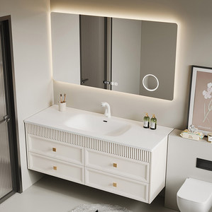 French-style Cream-Toned Ceramic One-Piece Basin with Smart Lighting <b>Mirror</b> <b>Wall</b>-Mounted Bathroom Vanity - Product Image 4