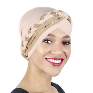 Hijab pañuelo para la cabeza envoltura árabe musulmán trenzado trenza <span class=keywords><strong>turbante</strong></span> gorra Bandanas <span class=keywords><strong>turbante</strong></span> africano con lentejuelas trenza <span class=keywords><strong>turbante</strong></span> sombrero para mujer - Product Image 3