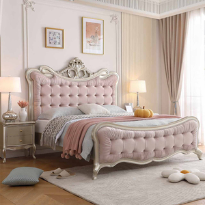 Cama de Casal King Size Estilo Americano com Cabeceira Estofada Rosa, Estrutura de Madeira Maciça - Cama de Quarto Adulto de Alta Qualidade - Product Image 1