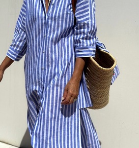 Abito Camicia <span class=keywords><strong>a</strong></span> <span class=keywords><strong>Righe</strong></span> Elegante da Donna, Lunghezza Media, Mezza Manica, Stile Vintage con Cintura, Produzione su Misura - Product Image 4