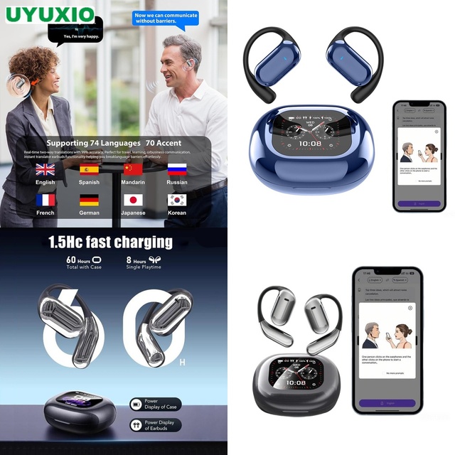 Wireless AI Translation Earbuds International Communication Interactive Smart Screen Real Time Voice Sync Air Conduction Style