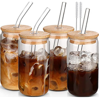Couvercle en verre de canette de bière avec trou de paille, gobelets en verre à large bouche, brosse droite et incurvée, Soda Pop, 16oz, 4 ensembles