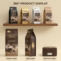 Sachet d'emballage haut de gamme noir et or à fond plat, scellé sur huit côtés, avec valve, pour café en grains torréfiés et expresso, idéal pour le marquage à chaud
