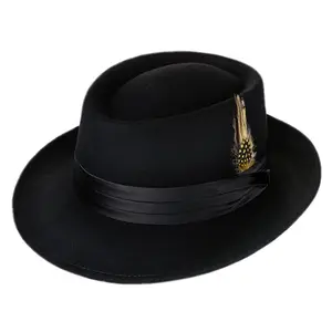 100% шерстяная фетровая черная шляпа Porkpie, Мужская заблокированная шляпа, Федора с атласной лентой, жесткая шляпа с широкими полями
