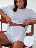 Pakaian Rumah Wanita Set Dua Potong Bahan Campuran Katun 35% Lengan Pendek Celana Pendek Dos Para Set untuk Wanita