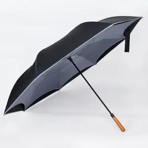 더블 레이어 강한 바람 저항 스트레이트 핸들 안전 안티 습식 자동 오픈 역 직선 우산