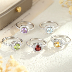 8 Anillos Ajustables de Plata de Ley 925 con Halo Cuadrado y Piedras Naturales Redondas de 6 mm, Joyería Impermeable y Antideslustre - Product Image 3