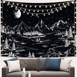 Arazzo da Parete Notte Stellata Bianco e Nero con Montagna, Luna e Stelle, Decorazione per Camera da Letto, Tema Natura Oscura e Foresta - Product Image 1