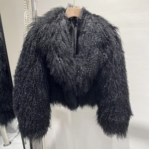 Giacca da Donna Corta RXFurs in Vera <span class=keywords><strong>Pelliccia</strong></span> di Agnello di Mongolia con Ampio Collo Reversibile, in Lana di Pecora Naturale, Tinta Unita, Saldi Personalizzati - Product Image 6