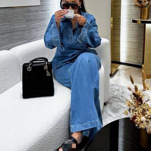 Nuevo Conjunto de Dos Piezas de Moda para Mujer, Blusa de Manga Larga con Solapa y Bolsillo, Pantalones Rectos de Mezclilla con Lazo - Product Image 5