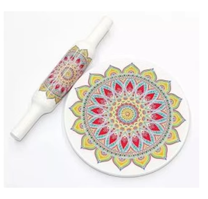 Ensemble Chakla Belan en marbre imprimé artisanal avec rouleau à pâtisserie en bois et planche en marbre pour la préparation du Roti - Product Image 3