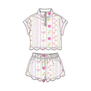 Conjunto de 2 piezas para niñas: Camisa y pantalón corto de tela de estambre transpirable con cremallera, diseño floral y de manzana, ideal para la vuelta al cole, primavera y otoño. - Product Image 3