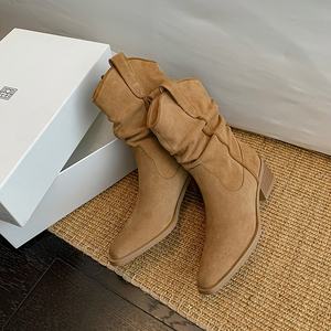 Bottes de cowboy occidentales en cuir véritable pour l'automne-hiver, avec tige mi-haute plissée effet Maillard, fermeture à enfiler, talon moyen - Product Image 1