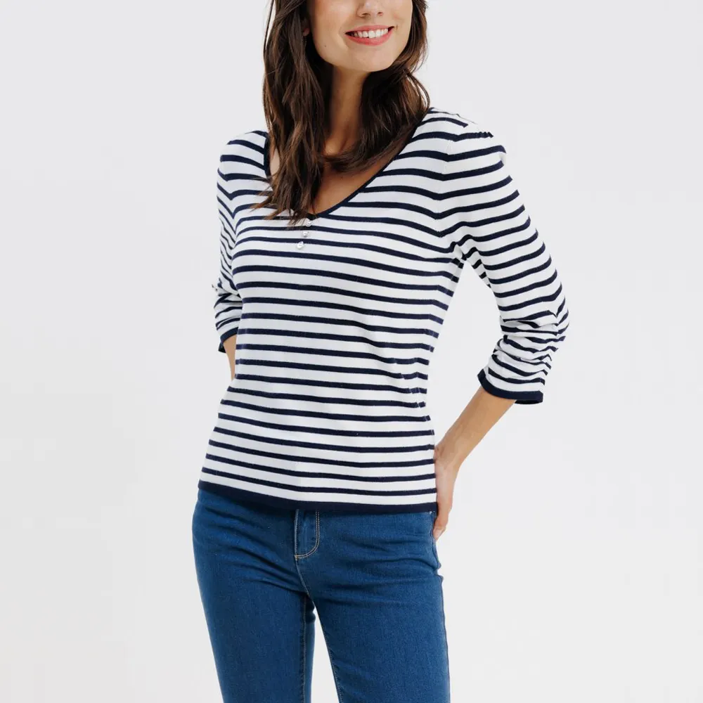 HDAT23010 Striped v-neck sweater with button details ladies Breton top sailor's striped jumper Two-tone striped print pullover
