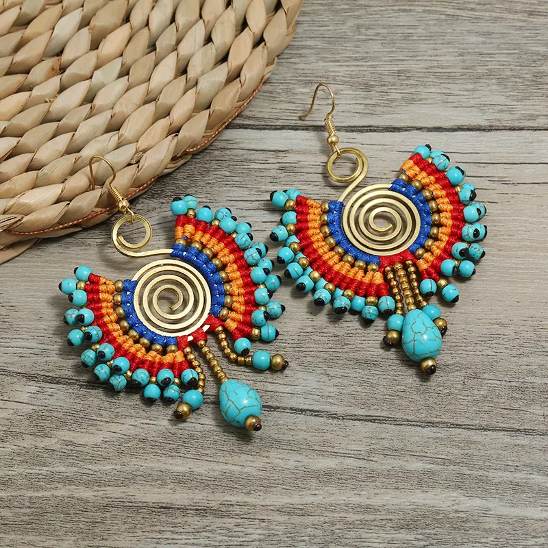 Women Retro Boho Ethnic Handmade Earrings Turquoise Glass Crystal Beads Thread Woven Wire Hoop Earrings Handcraft jewelry