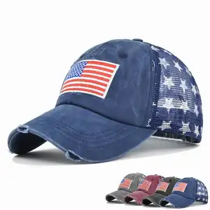 미국 국기 씻어 면 메쉬 모자 자수 야구 메쉬 모자 면 아빠 모자 하이 퀄리티 면 태양 모자 미국 국기 야구 모자