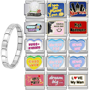 Italian Modular Stainless Steel Charm Bracelet Unisex Everyday Wear Heart Pattern Bezel Setting Jewelry - Product Image 1