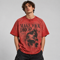 T-shirt graphique vintage personnalisé délavé à l'acide pour homme, coupe oversize, manches raglan, ourlet brut, imprimé déchiré et craquelé, style streetwear