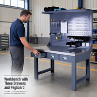 Table d'atelier robuste en acier avec plateau en acier inoxydable, panneau perforé pour rangement d'outils et roulettes en PU – Vente en gros OEM