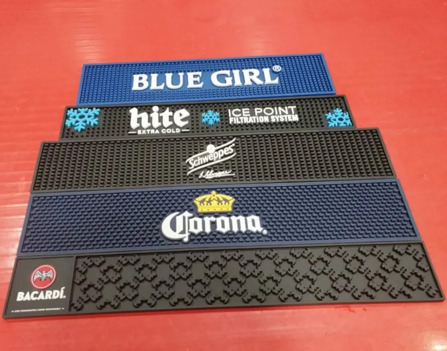 Customized shape Fashion branded rectangular Eco-Friendly rubber PVC bar mat spill drip mat for countertop with logo