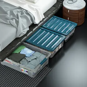 Kotak penyimpanan plastik pakaian rumah tangga, pakaian dalam organizer katrol datar di bawah tempat tidur kotak penyimpanan dengan roda
