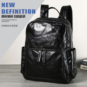 Genuine Leather <b>Backpack</b> <b>Large</b> Capacity Solid Color Business Travel Men's <b>Backpack</b> Breathable Interior Zipper Pocket - Product Image 1