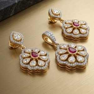 925 Silver <b>Ruby</b> Kundan Polki Pendant Set with Earrings Gold Floral Bridal Jewelry Set Design for Women Elegant Party Jewelry - Product Image 2