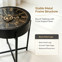 Table d'appoint ronde Steampunk avec horloge, plateau en verre motif carte du monde vintage, structure métallique industrielle, table d'appoint de canapé pour la décoration du salon