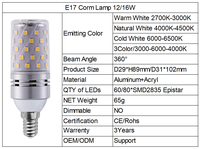 Ampoule LED Corn E12 E14 E26 E27 B15 B22 12W 16W, Lumière Chaude, Pure, Blanche Froide, 3 Couleurs, Corps en Aluminium