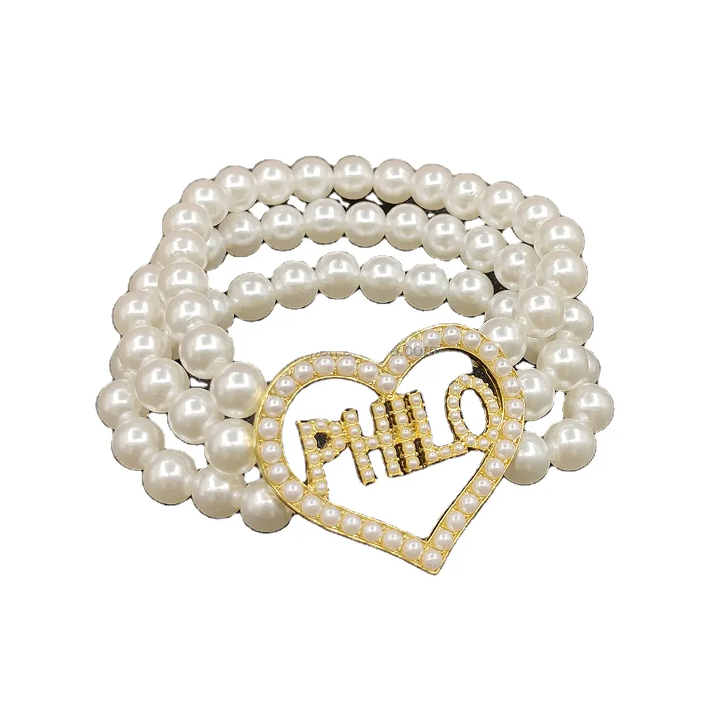 University Society PHLIO Symbol White Triple Pearl Bracelet Heart Shaped Crystal Letter Elastic Bangle Jewelry Accessories