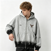 Hoodie Zip Up Heavyweight Pria, Jaket Katun Distressed Bordir Elang Gradasi Sun Faded, Vintage Wash Streetwear Grosir