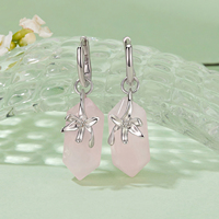 925 Sterling Silber Rosa Natürlicher Kristall Creolen Frühlingsblumen Hängeohrringe für Frauen Teenager Romantisches Geschenk BSE1288