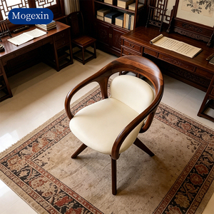 New Chinese Style Solid Wood Accent Chair Curved Armrest Leather Upholstered <b>Study</b> <b>Desk</b> Chair for Home Office - Product Image 3