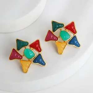Ancient Chinese style earring Flower Earrings Colored Acrylic Resin jewel S925 stud earrings for women