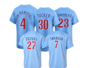 Maillot de baseball bleu clair pour hommes Cubs CROW-ARMSTRONG # 4 TUCKER # 30 SANDBERG # 23 SUZUKI # 27 SWANSON # 7 numéros de nom cousus courts - Product Image 1