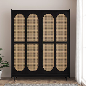Armario con Puertas Corredizas de Madera Maciza, Color Cerezo Negro Vintage y Nogal Natural, Mueble de Almacenamiento para Dormitorio que Ahorra Espacio - Product Image 2