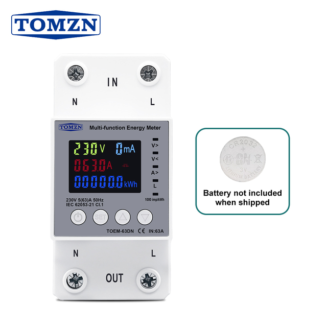 TOMZN Multi-tariff Energy Meter with adjustable voltage current leakage protective device 2P AC110V 230V 1-63A Memory Prepayment