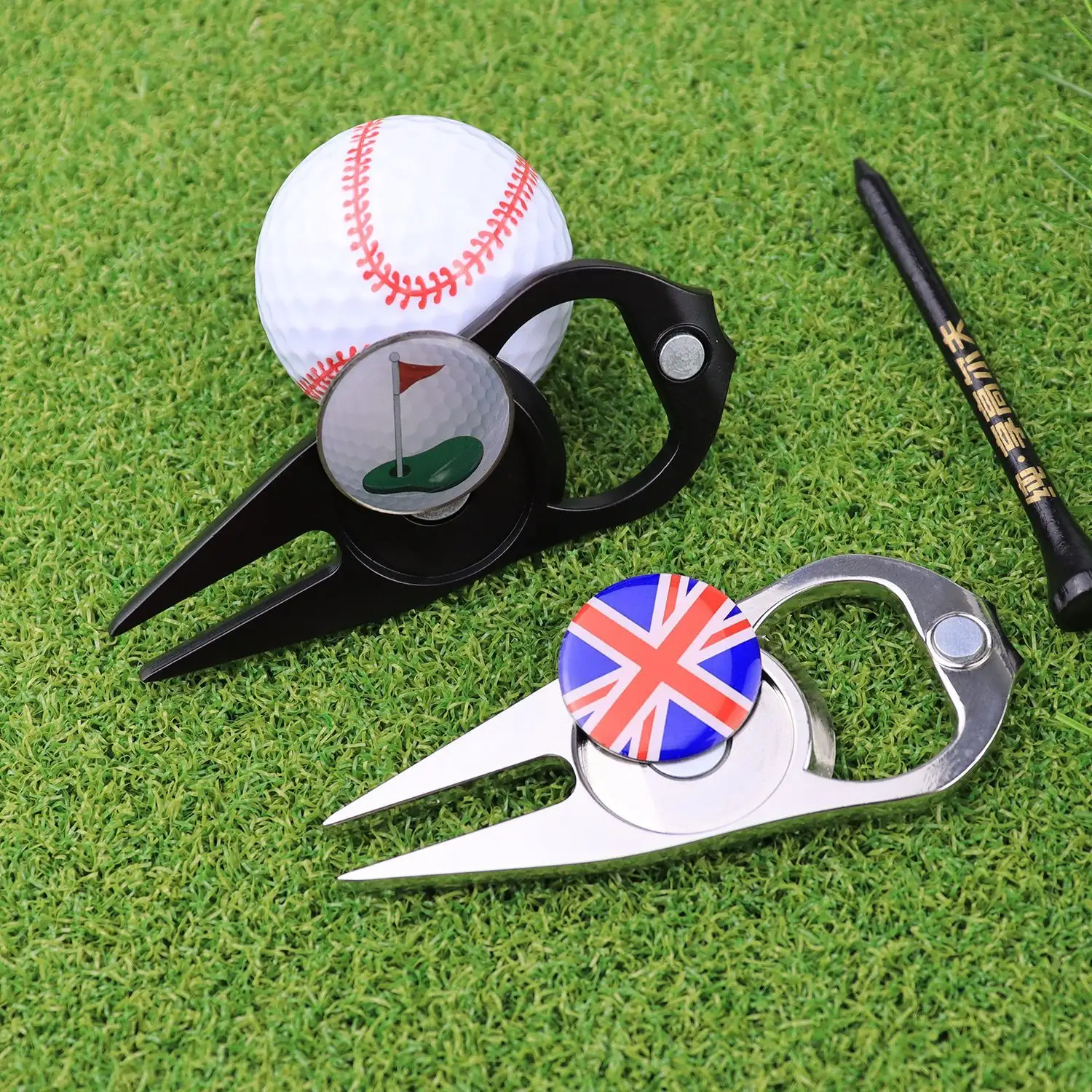 Beste Ballenmarkeringsleverancier, Multifunctionele Flesopener Golfdivot Pitch Reparatietool Met Aangepaste Metalen Golfbalmarker/