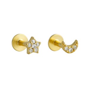 Anting-anting stud mini baru grosir, perak sterling S925, bagian belakang datar, setting pave zircon, motif bulan dan bintang - Product Image 2