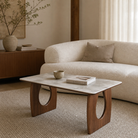Table basse moderne en verre avec base en bois de noyer découpée en forme de pont, table de salon minimaliste