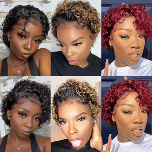 Perruque courte bouclée <span class=keywords><strong>de</strong></span> type pixie en <span class=keywords><strong>cheveux</strong></span> humains, couleur brun bordeaux, perruque en <span class=keywords><strong>cheveux</strong></span> humains transparente pré-épilée <span class=keywords><strong>pour</strong></span> femmes - Product Image 5