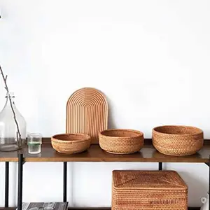 Natural Rattan Round Fruit Basket Bowls Handwoven Storage Serving Baskets Wicker Organizer For Dinning Room Set Of 3