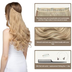 Extensions de cheveux à fil invisible 3 clips synthétiques ondulées bouclées avec bandeau transparent ajustable pour femme 18 pouces brun moyen cendré - Product Image 3