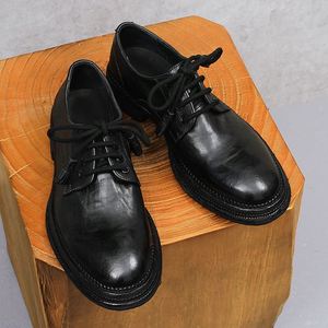Chaussures en cuir de style anglais rondes marron pour hommes, à lacets, en cuir véritable de haute qualité, chaussures décontractées pour hommes - Product Image 4