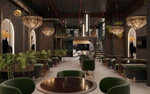 Plan de Diseño Interior de Cafetería Elegante, Mostrador Dorado para Exhibición de Pasteles, Conjunto de Comedor Moderno para Cafetería y Restaurante, Sillón de Terciopelo - Product Image 5